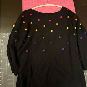 Unique Vintage Black Sweater with Rainbow Pompoms
